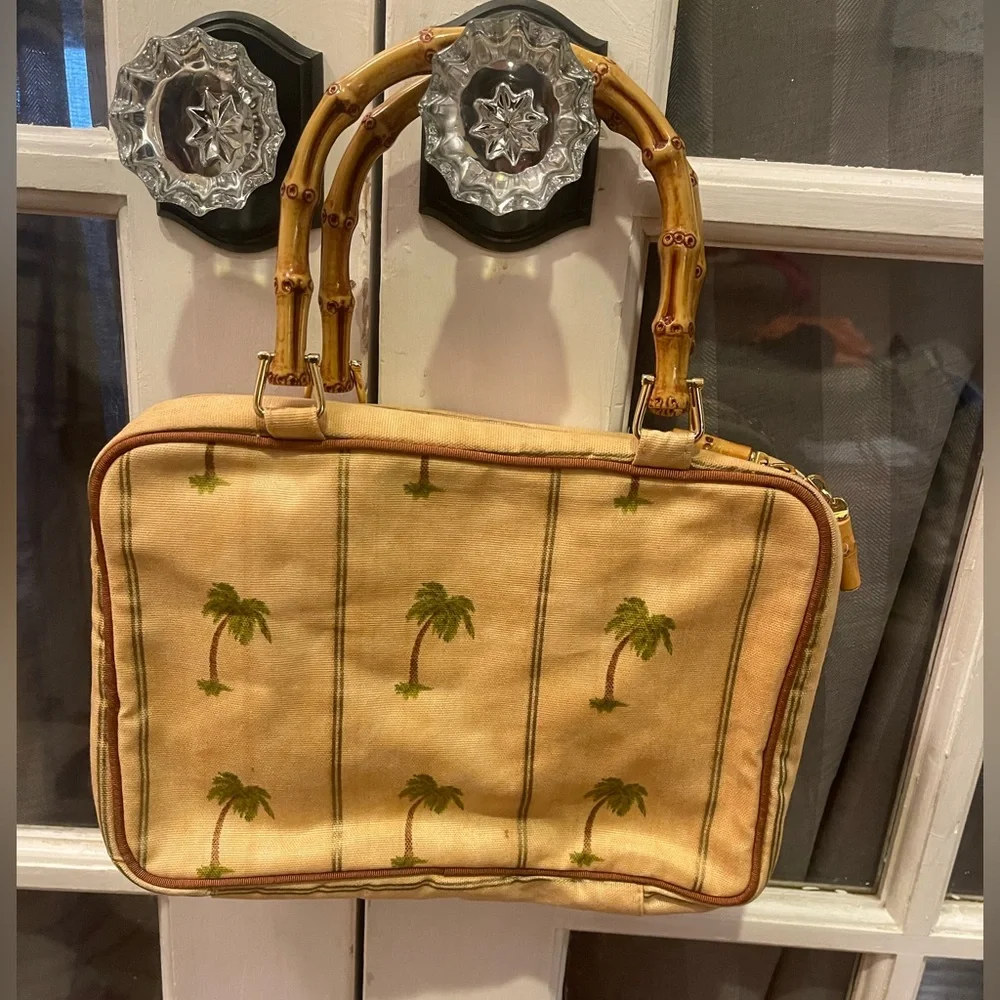 Celebrity palm tree make up cosmetic bag with faux wood straps vintage looking